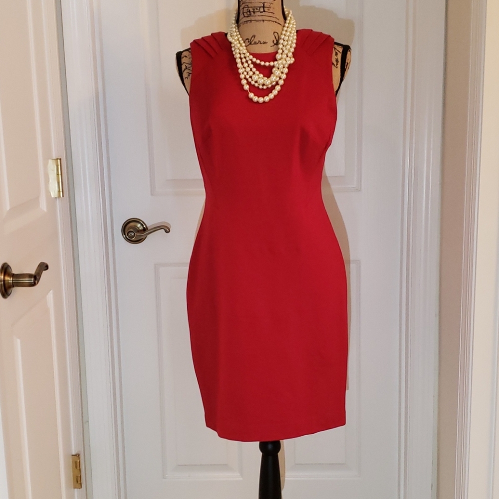 Adrianna Papell red sheath dress, shoulder details